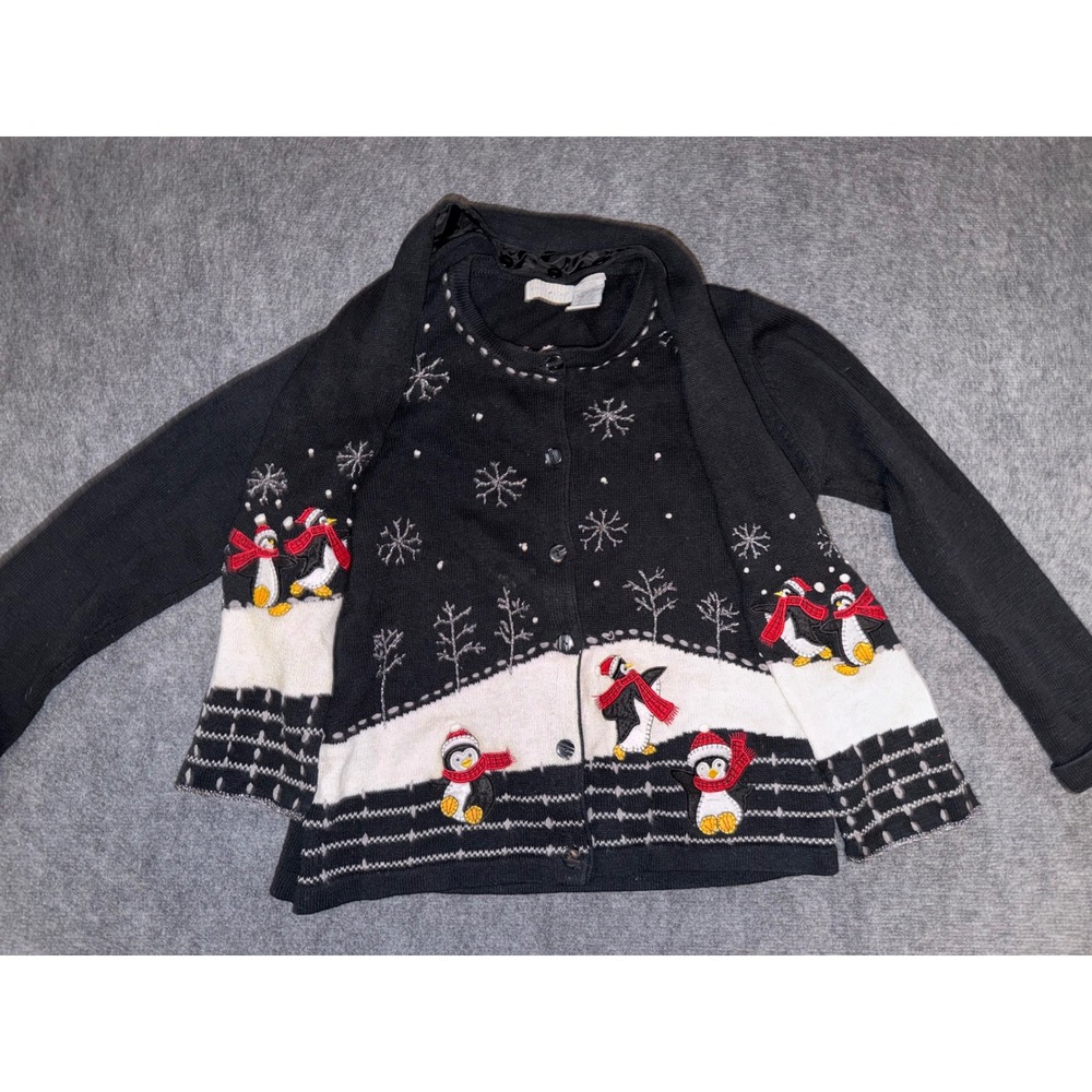 VTG White Stag Penguin Christmas Cardigan Sweater matching Scarf Black XL 16/18
